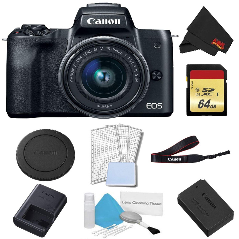 Canon EOS M50 Mirrorless Digital Camera with 15-45mm Lens (Black) Basic Bundle w/ 64GB Memory Card - International Model