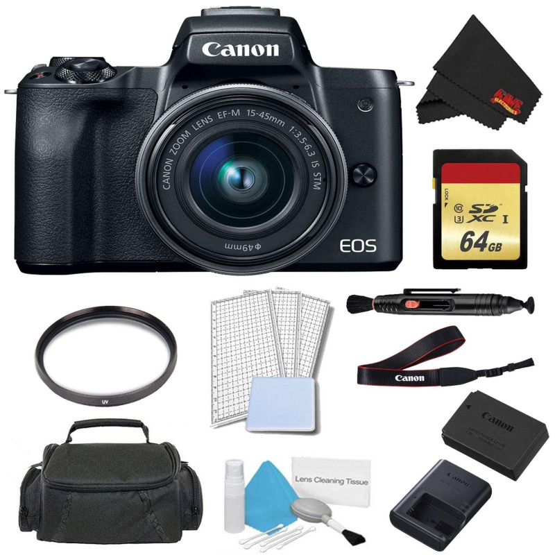 Canon EOS M50 Mirrorless Digital Camera with 15-45mm Lens (Black) Advanced Bundle w/ 64GB Memory Card - International Mo (International Model)