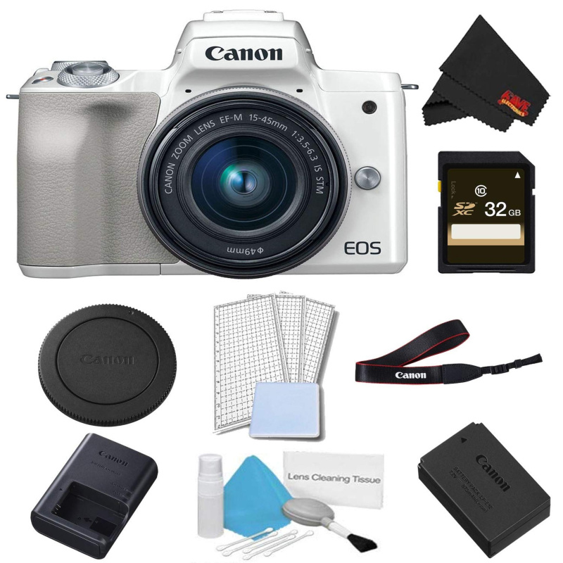 Canon EOS M50 Mirrorless Digital Camera with 15-45mm Lens (White) Basic Bundle w/ 32GB Memory Card - International Model
