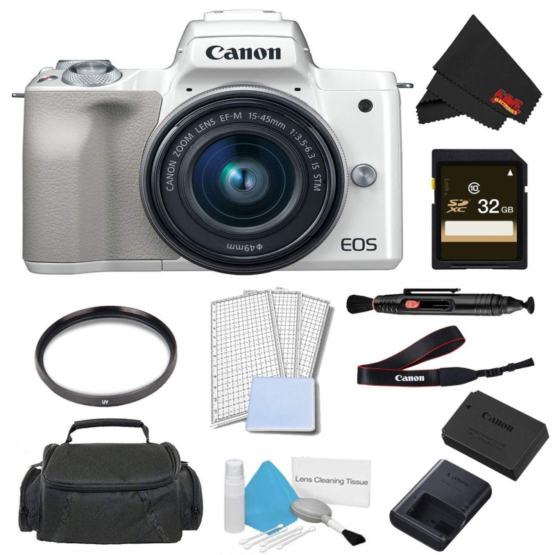 Canon EOS M50 Mirrorless Digital Camera with 15-45mm Lens (White) Advanced Bundle w/ 32GB Memory Card - International Mo (International Model)