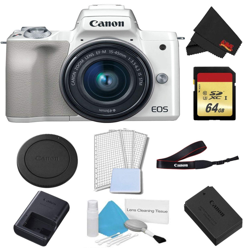 Canon EOS M50 Mirrorless Digital Camera with 15-45mm Lens (White) Basic Bundle w/ 64GB Memory Card - International Model