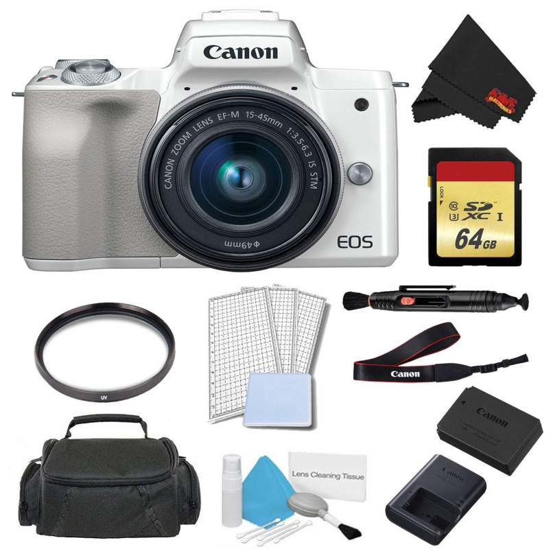 Canon EOS M50 Mirrorless Digital Camera with 15-45mm Lens (White) Advanced Bundle w/ 64GB Memory Card - International Mo (International Model)