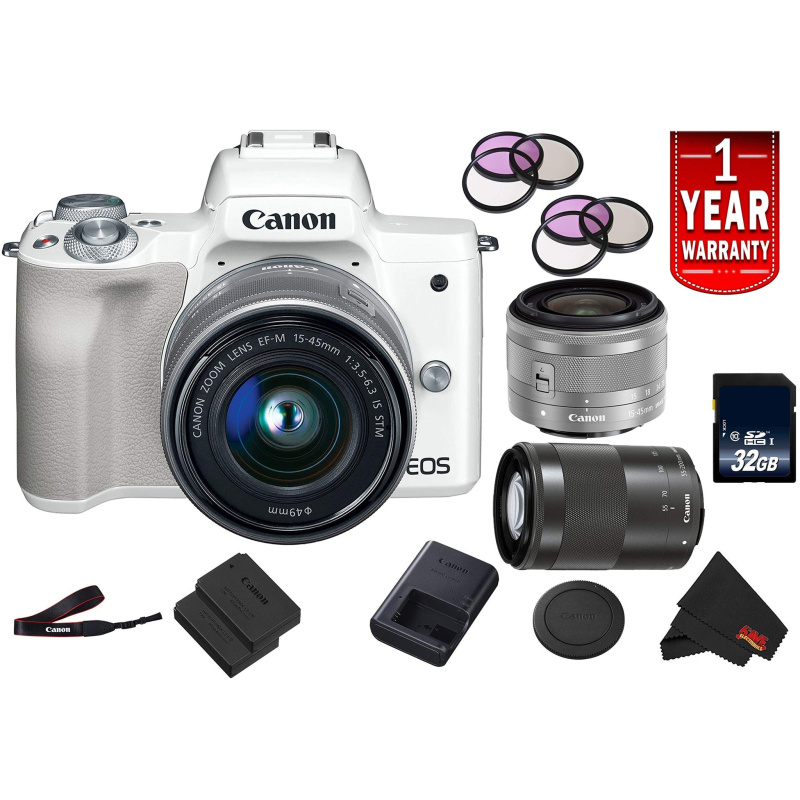 Canon EOS M50 Mirrorless Digital Camera International Model w/ 15-45mm is STM and 55-200mm is STM Lenses (White)