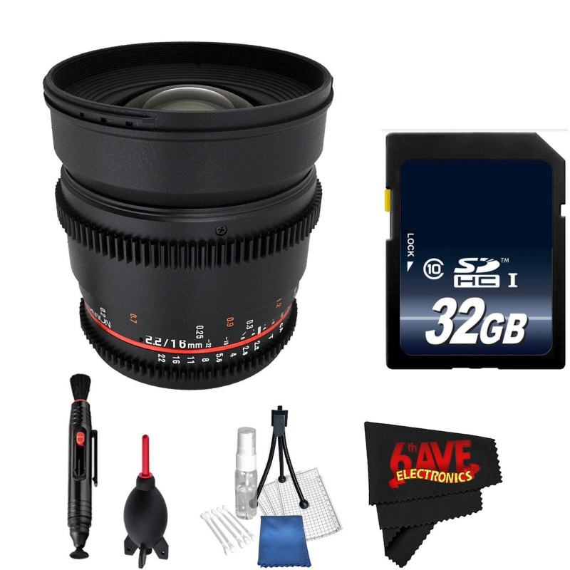 Rokinon 16mm T2.2 Cine Lens for Nikon F # CV16M-N + MicroFiber Cloth + Lens Pen Cleaner + 32GB SDHC Memory Card Bundle