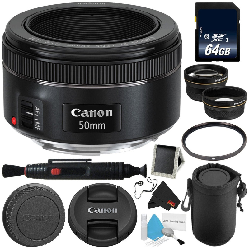 Canon EF 50mm f/1.8 STM Lens 0570C002 + 64GB Memory Card - Deluxe Bundle- International Version (International Model)