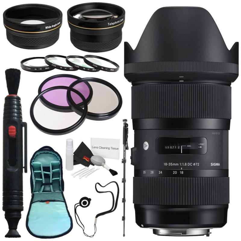 Sigma 18-35mm f/1.8 DC HSM Art Lens for Canon # 210-101 + 72mm 3 Piece Filter Kit + Lens Pen Cleaner + 70in Monopod Bundle (International Model)