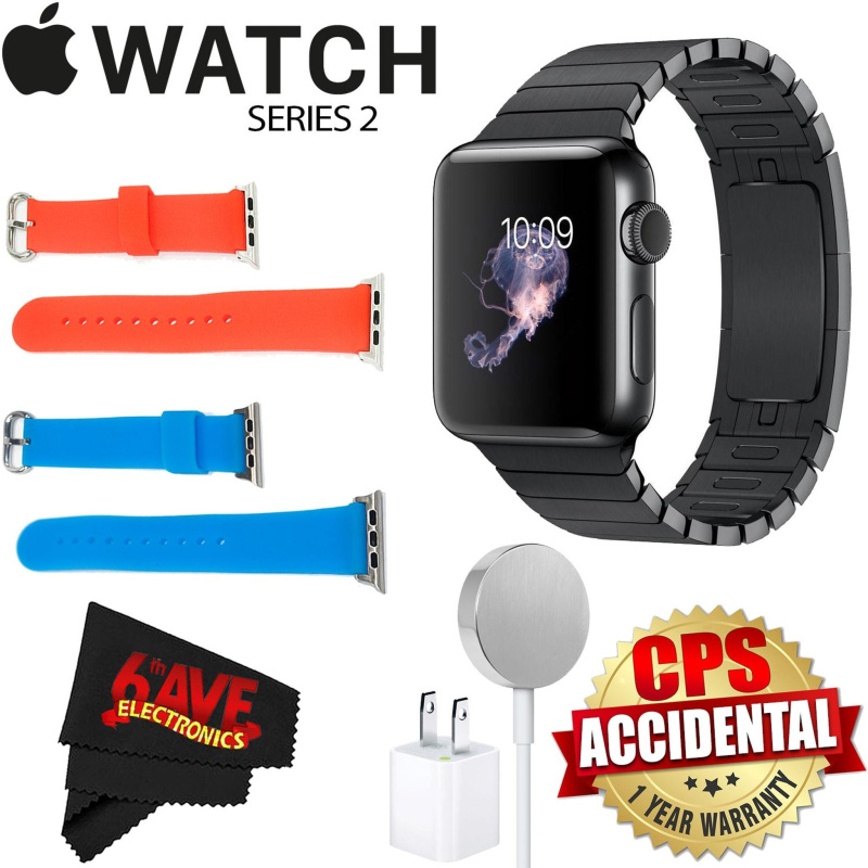 6Ave Apple Watch Series 2 38mm Smartwatch (Space Black Stainless Steel Case, Space Black Link Band) + Watch Band Red 38mm + Watch Band Blue 38mm + Mic