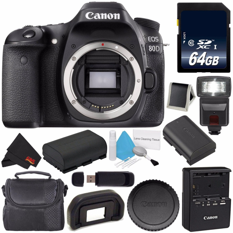 Canon EOS 80D DSLR Camera (Body Only) 1263C004 (International Version) + 64GB Memory Card + LP-E17 Replacement Lithium I (International Model)