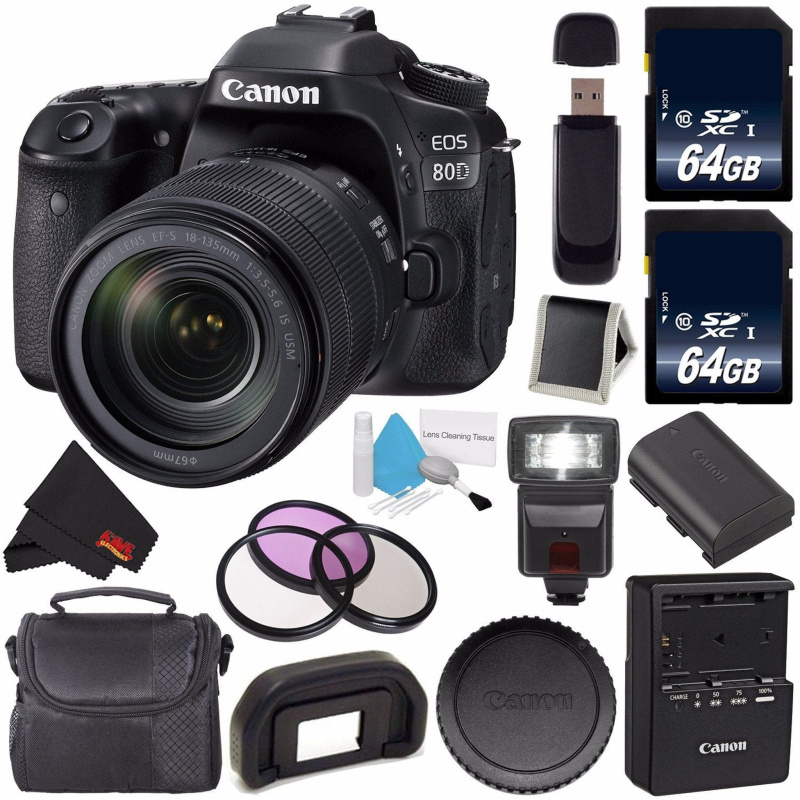 Canon EOS 80D DSLR Camera with 18-135mm Lens 1263C006 (International Version) + 64GB Memory Card + Carrying Case Bundle (International Model)