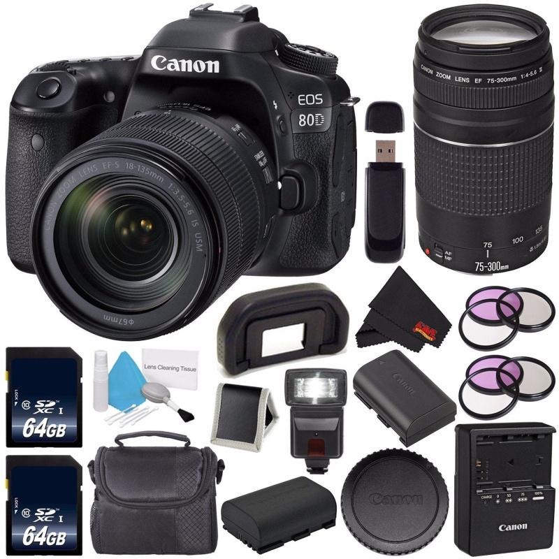 Canon EOS 80D DSLR Camera with 18-135mm Lens 1263C006 (International Version) + Canon EF 75-300mm f/4-5.6 III Telephoto (International Model)