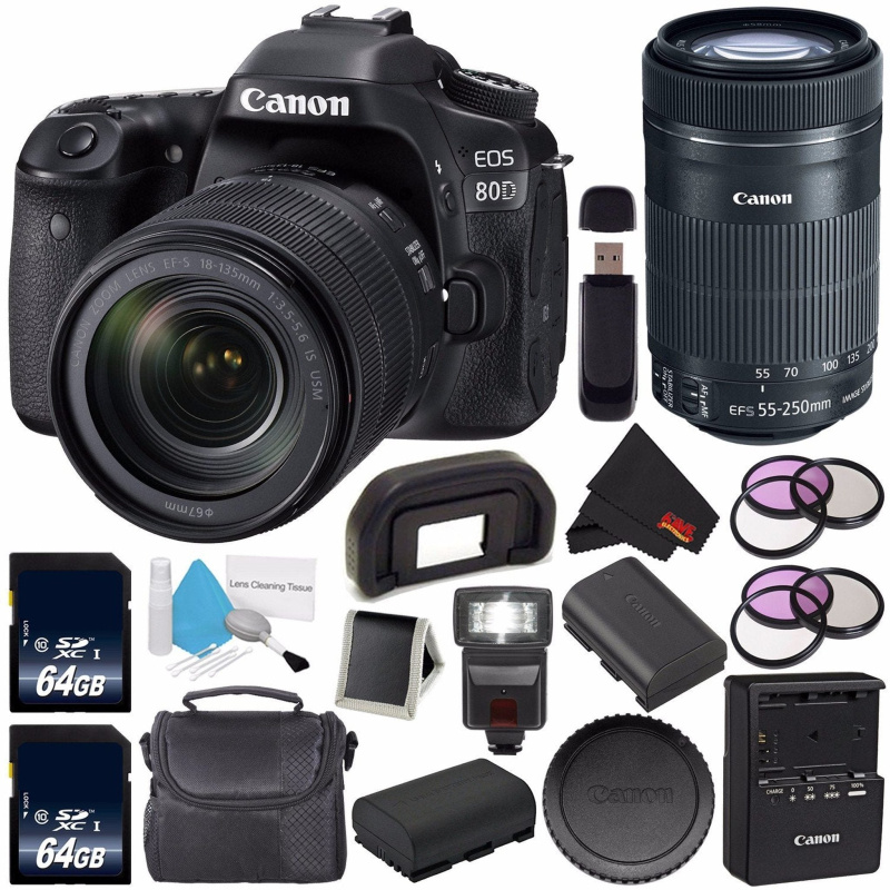 Canon EOS 80D DSLR Camera with 18-135mm Lens 1263C006 (International Version) + Canon EF-S 55-250mm Lens + 64GB SDXC Car (International Model)