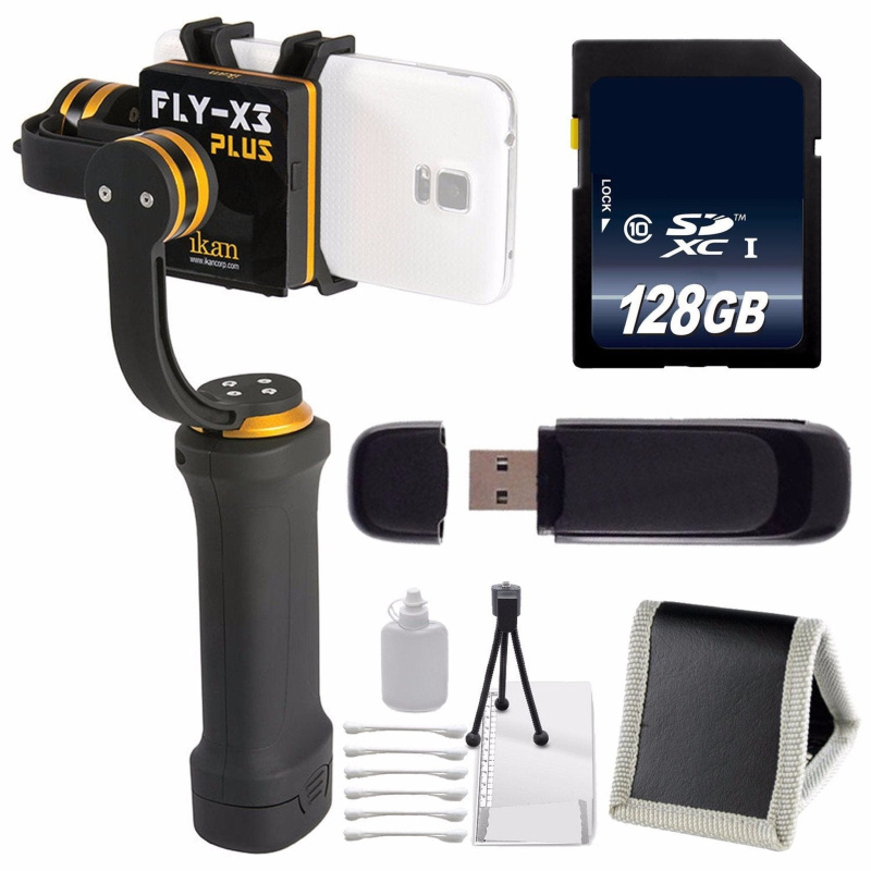 ikan FLY-X3-Plus 3-Axis Smartphone Gimbal Stabilizer with GoPro Mount + 128GB SDXC Class 10 Memory Card + Deluxe Starter