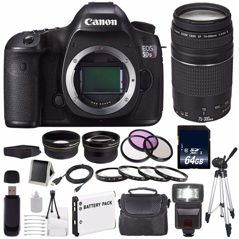 Canon EOS 5DS R DSLR Camera (International Model) 0582C002 + Canon EF 75-300 III+ LP-E6 Replacement Battery + 64GB SDXC Pro Bundle