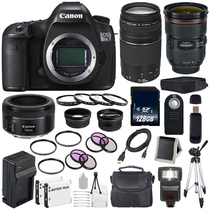 Canon EOS 5DS R DSLR Camera (International Model) 0582C002 + Canon EF 24-70mm f/2.8L II USM Lens + Canon EF 75-300 III+ EF 50mm f/1.8 STM Lens + LP-E6