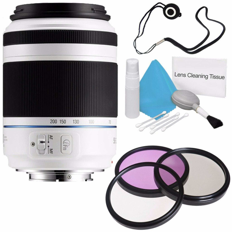 Samsung 50-200mm f/4.0-5.6 ED OIS Lens (White) EX-T50200CSWUS + 3 Piece Filter Kit + Lens Cap Keeper + Deluxe Cleaning K