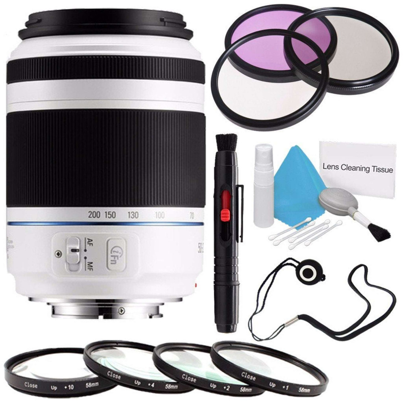 Samsung 50-200mm f/4.0-5.6 ED OIS Lens (White) EX-T50200CSWUS + 3 Piece Filter Kit + Macro Close Up Kit + Lens Cap Keepe
