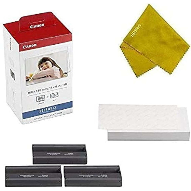 Canon KP-108IN 3 Color Ink Cassette and 108 Sheets 4 x 6 Paper Glossy for SELPHY CP1300, CP1200, CP910, CP900, CP760, CP770, CP780 CP800. Bonus: Quali