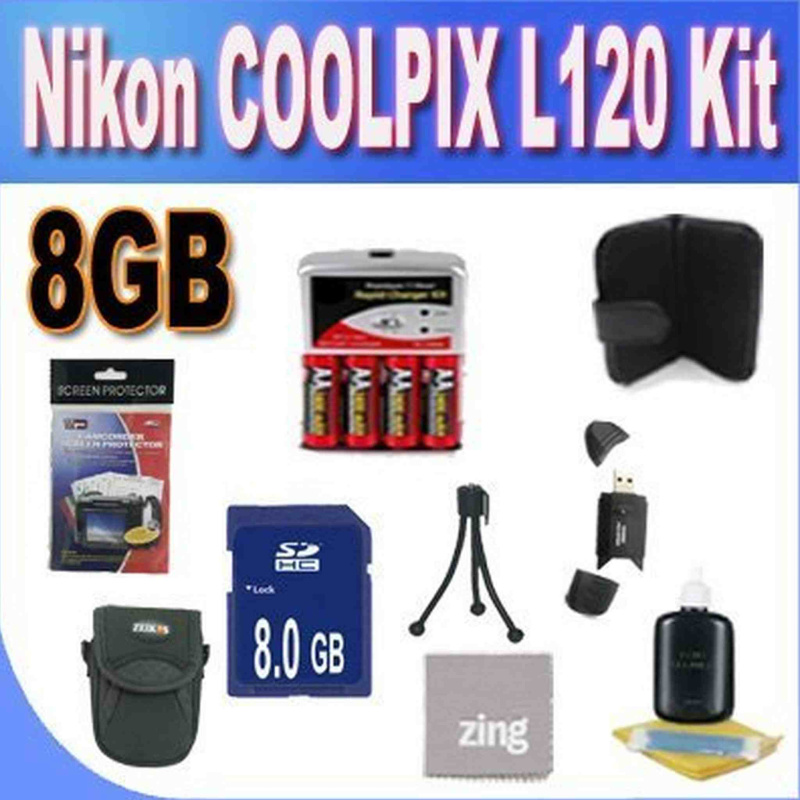 Nikon COOLPIX L120 8GB Accessory Saver Kit (8GB SDHC Memory Card+ Set of 4 NIMH Rechargeable AA Batteries+ Rapid Battery Charger + Memory Card Wallet+