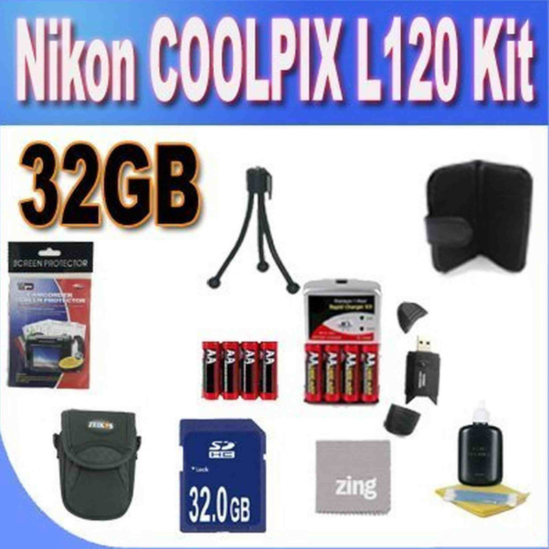 Nikon COOLPIX L120 32GB Accessory Saver Kit (32GB SDHC Memory Card+ 2 Sets of 4 NIMH Rechargeable AA Batteries+ Rapid Battery Charger + Memory Card Wa