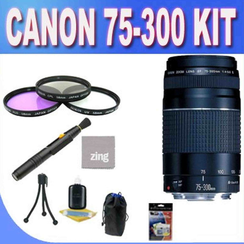 Canon EF 75-300mm f/4-5.6 III USM Telephoto Zoom Lens for Canon SLR Cameras + 3 Piece Filter Kit + Lens Pen Cleaner + Shock Proof Deluxe Lens Case + M