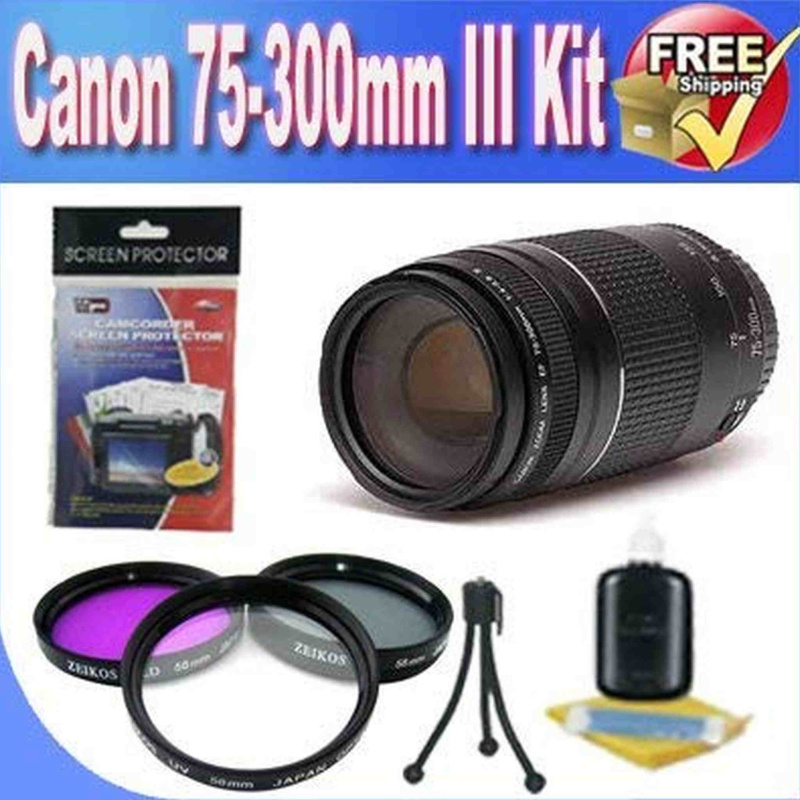 Canon EF 75-300mm f/4-5.6 III Telephoto Zoom Lens for Canon SLR Cameras + 3 Piece Professional Filter Kit + Accessory Saver Bundle (International Mode