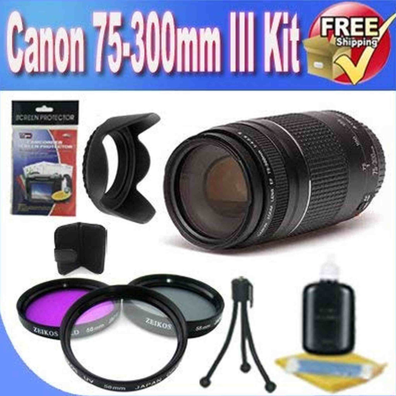 Canon EF 75-300mm f/4-5.6 III Telephoto Zoom Lens for Canon SLR Cameras + 3 Piece Professional Filter Kit + Lens Hood + Accessory Saver Bundle (Intern