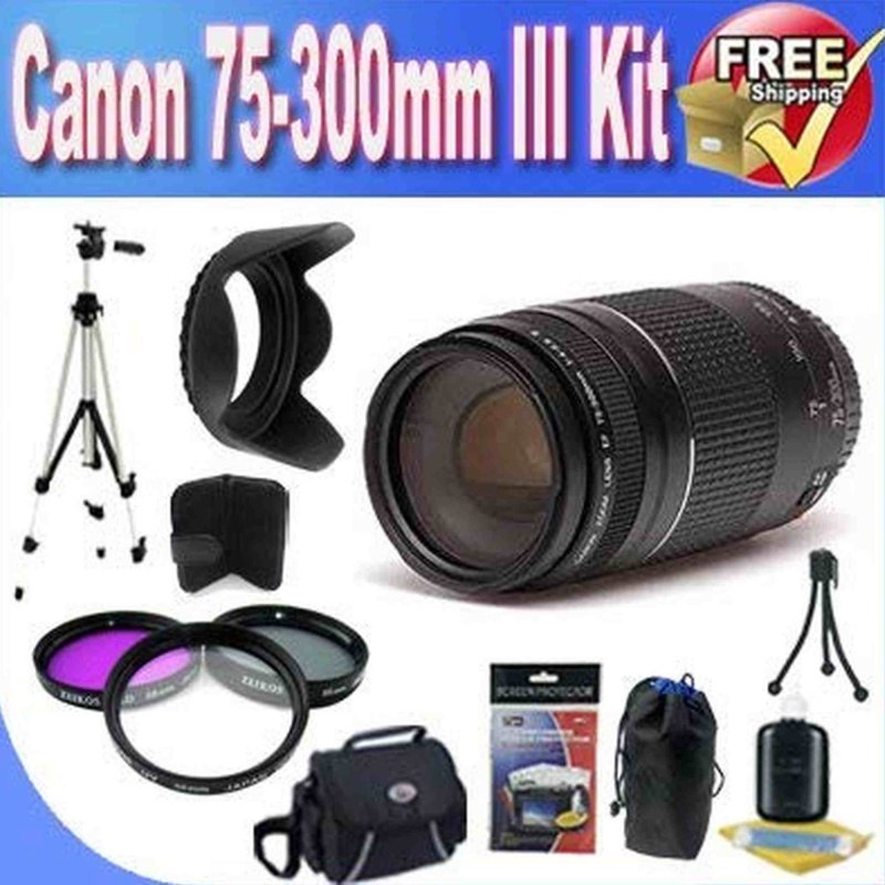 Canon EF 75-300mm f/4-5.6 III Telephoto Zoom Lens for Canon SLR Cameras + 3 Piece Professional Filter Kit + Lens Hood + Bundle (International Model)