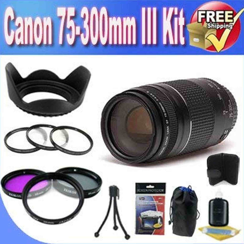 Canon EF 75-300mm f/4-5.6 III Telephoto Zoom Lens for Canon SLR Cameras + 3 Piece Professional Filter Kit + Lens Hood + 3 Piece Macro Lens Kit + Lens