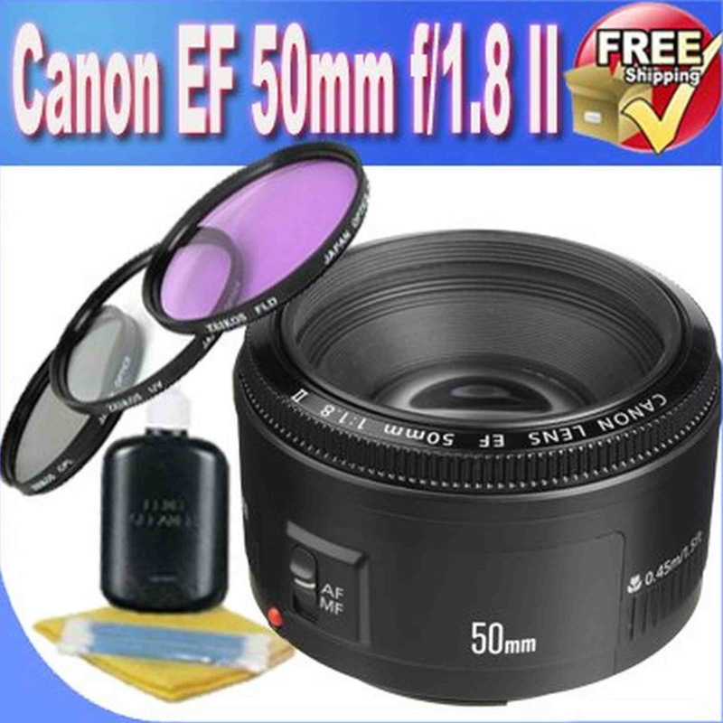 Canon EF 50mm f/1.8 II Camera Lens + 52mm 3 Piece Professional Filter Kit + Lens & Camera Cleaning Kit Bundle (International Model)