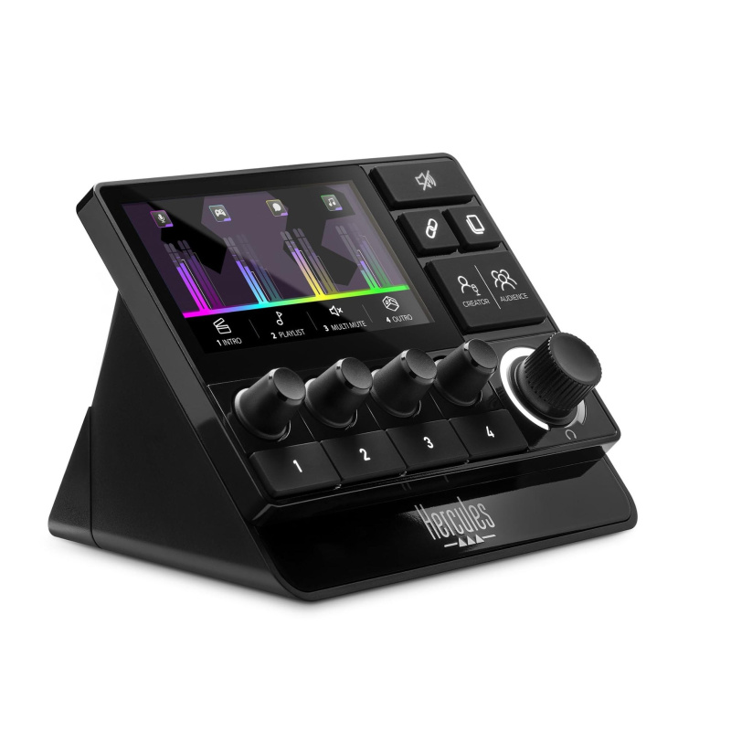 Hercules Stream 200 XLR, Pro Audio Mixer for Advanced Content Creators, with XLR Mic Pre-Amp, LCD Screen, High Resolution Encoders, 4 Actions Buttons