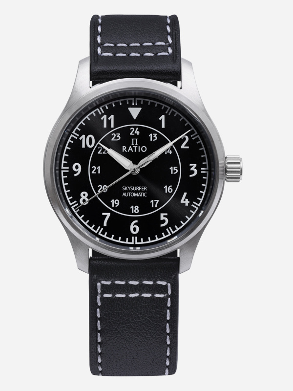 Ratio Skysurfer Pilot Black Sunray Dial Leather Automatic RTS314 200M Men's Watch