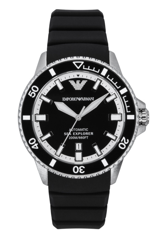 Emporio Armani Sea Explorer Silicone Strap Black Dial Automatic Diver's AR60078 200M Men's Watch