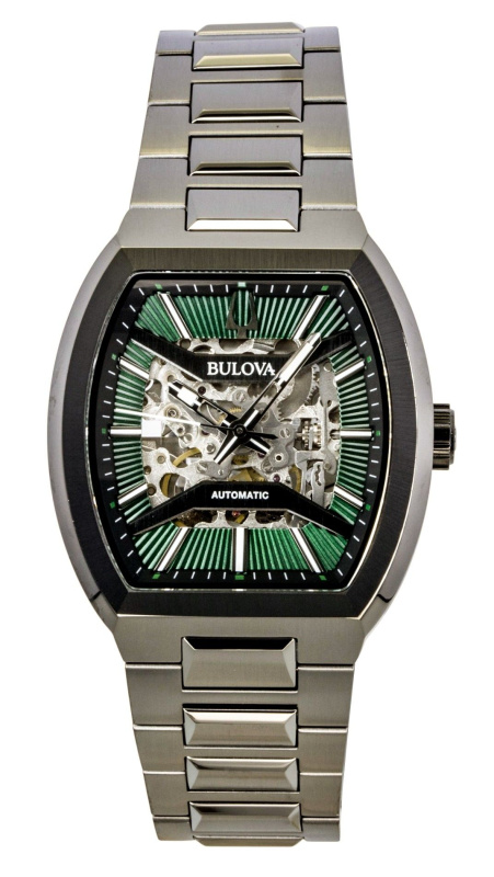 Bulova Maquina Stainless Steel Green Skeleton Dial Automatic 98A321 Men's Watch