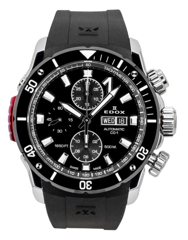 Edox CO-1 Chronograph Rubber Strap Black Dial Automatic Diver's 01128-3NRCA-NN 500M Men's Watch