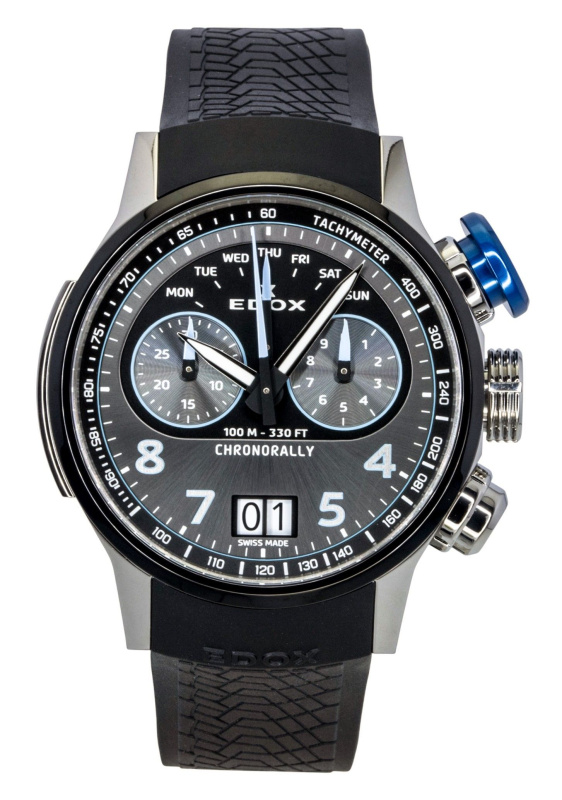 Edox Chronorally Chronograph Rubber Strap Grey Dial Quartz 38003-TINBU-GNBU 100M Men's Watch