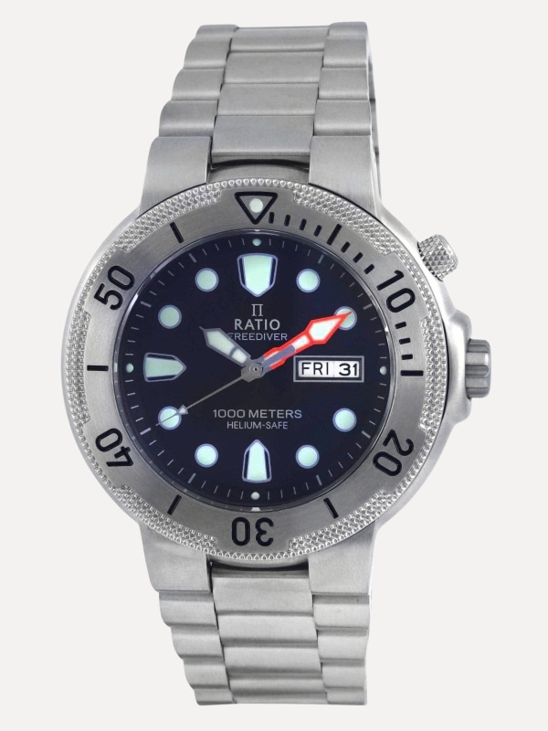 Ratio FreeDiver Black Dial Stainless Steel Quartz 1050MD93-02V-BLK 1000M Men's Watch