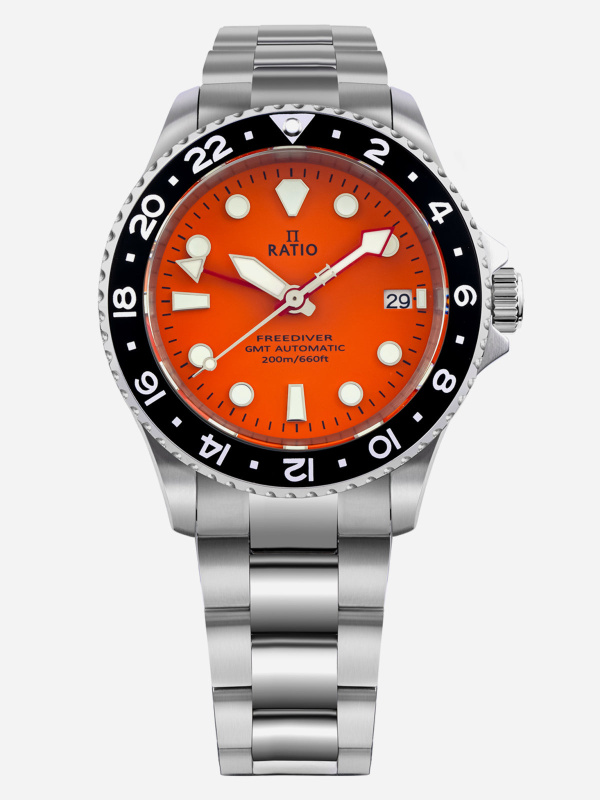 Ratio FreeDiver GMT Series Sapphire Stainless Steel Orange Dial Automatic RTF055 200M Men's Watch
