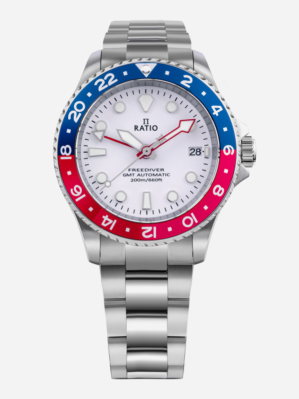 Ratio FreeDiver GMT Series Sapphire Stainless Steel White Dial Blue Red Pepsi Bezel Automatic RTF061 200M Men's Watch