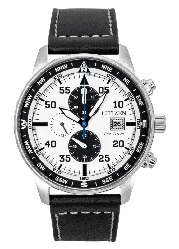 Citizen Eco-Drive Aviator Chronograph Leather Strap White Dial CA0880-07A 100M Men's Watch