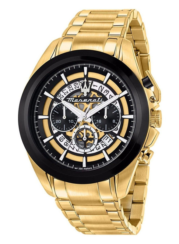 Maserati Traguardo Chronograph Gold Tone Stainless Steel Multicolor Skeleton Dial Quartz R8873612058 100M Men's Watch