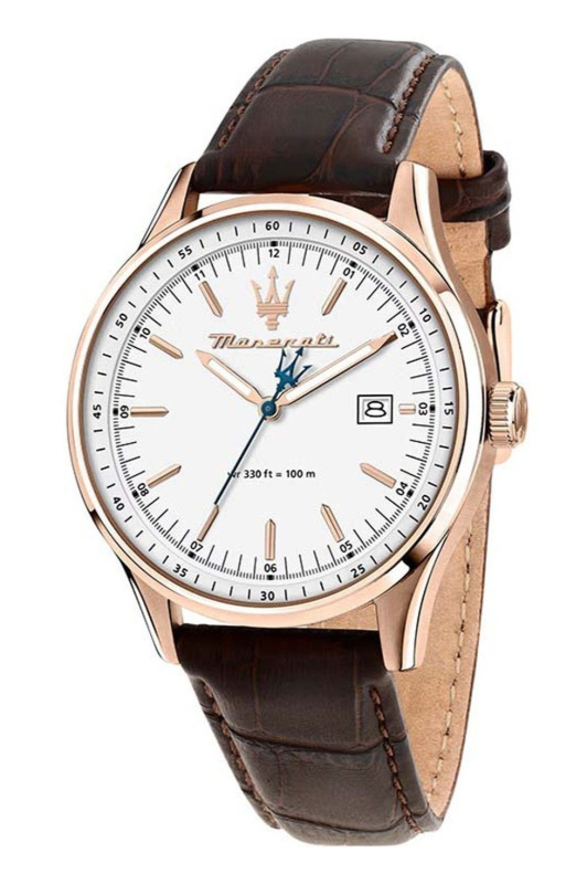 Maserati Classic Sorpasso Leather Strap Silver Sunray Dial Quartz R8851124002 100M Men's Watch