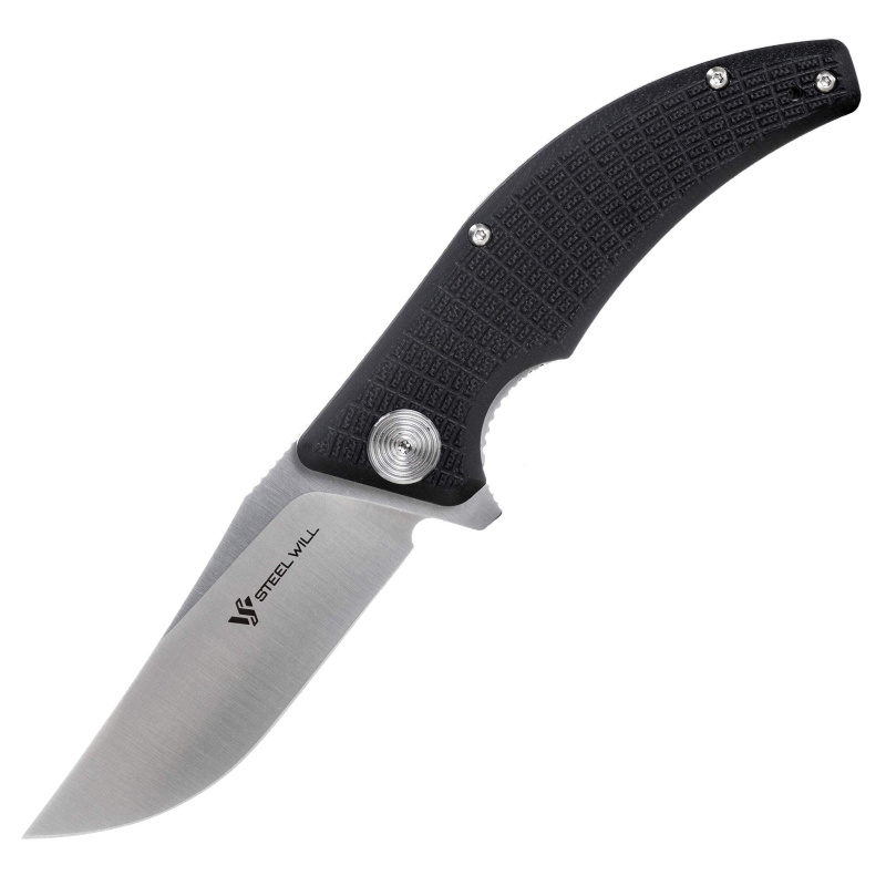 Sargas F60-10: 3.25" D2 Clip Point Satin Folding Blade, Liner Lock, Black G10 Handle, Blue Standoffs, Ball Bearings