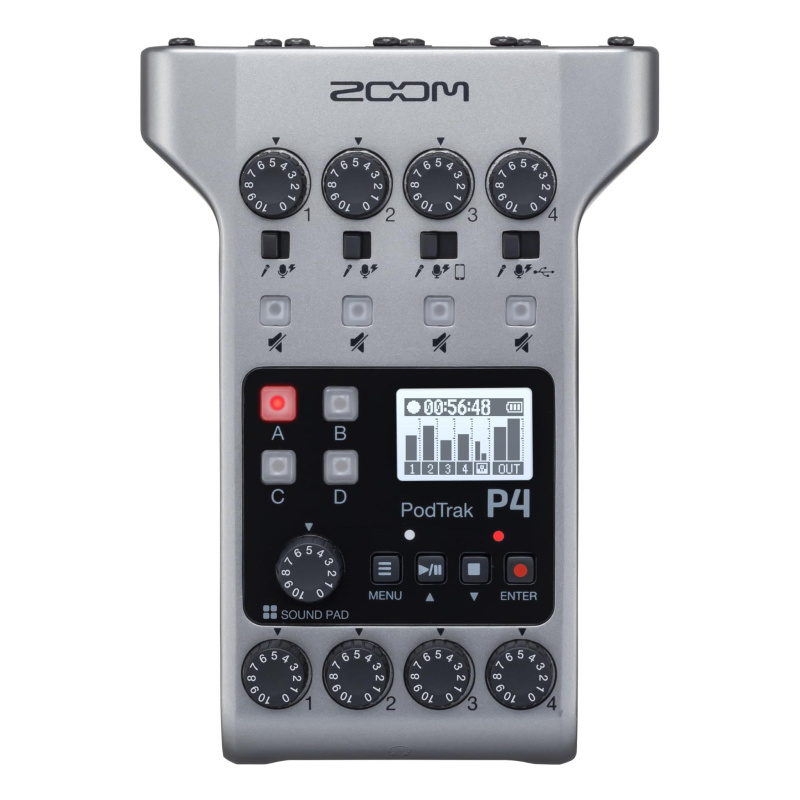 Zoom PodTrak P4 Podcast Recorder, Battery Powered, 4 Microphone Inputs, 4 Headphone Outputs, Phone and USB Input for Remote Interviews, Sound Pads, 2-