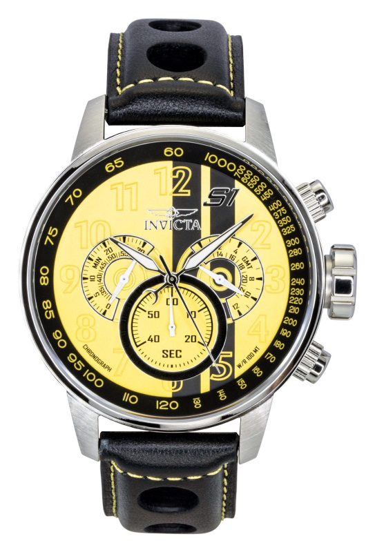 Invicta S1 Rally Chronograph GMT Leather Strap Yellow and Black Dial Quartz 48616 100M Men's Watch
